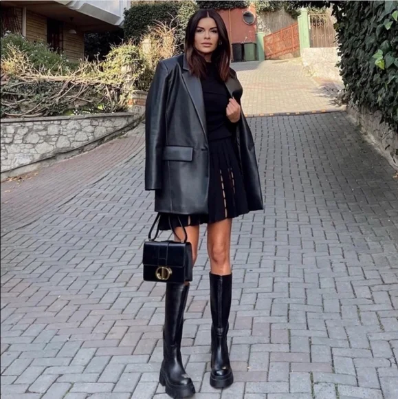 knee length dresses for ladies NONE OF YOUR BUSINESS PU BLAZER DRESS  AKIRA